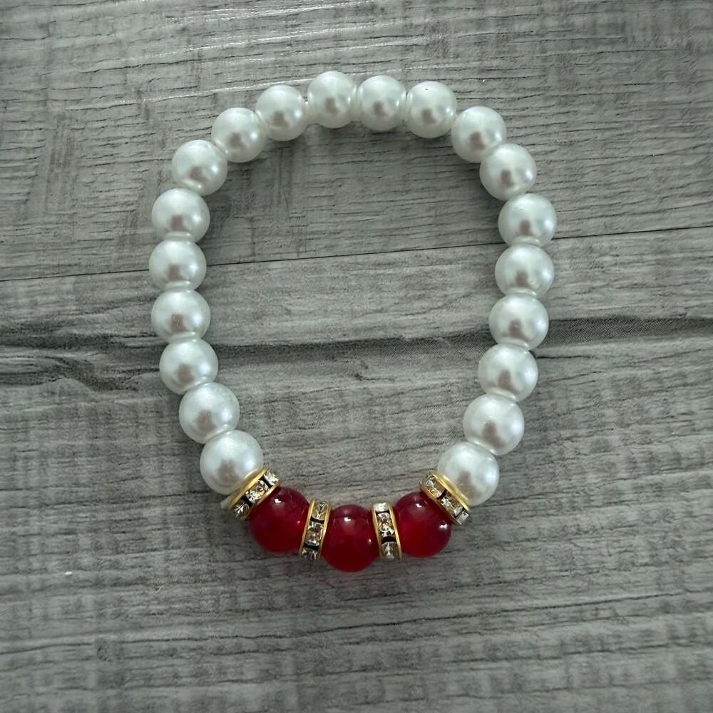 Imitation Pearl and Red Crystal Beaded Stretch Bracelet with Rhinestone Spacers